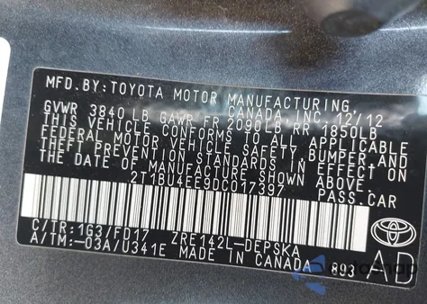 2013 Toyota Corolla S from USA, damaged, VIN 2T1BU4EE9DC017397